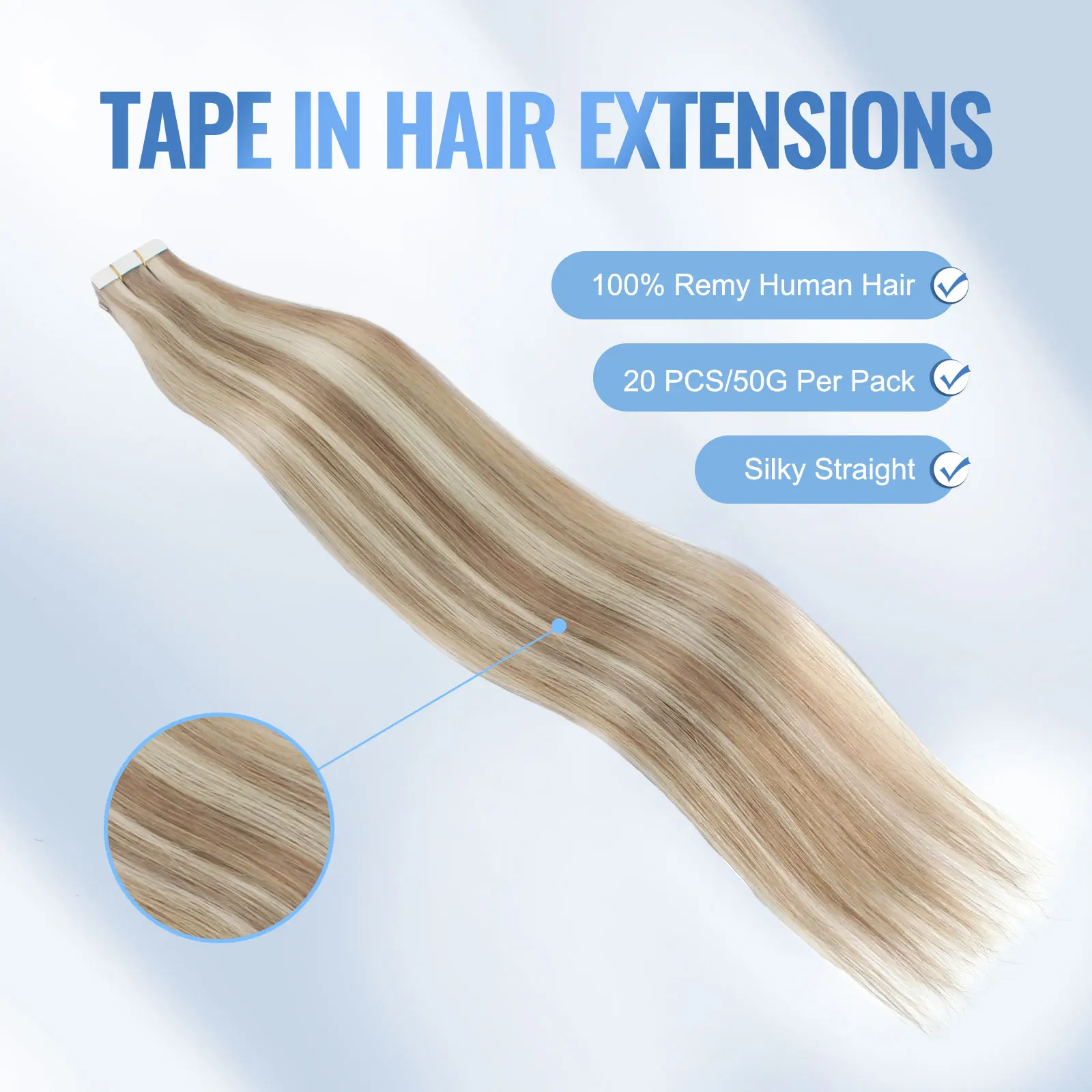 Sixstarhair Nastro nelle estensioni dei capelli Biondo dorato con biondo cenere 20 pezzi 50 g/pacco Estensioni dei capelli umani Remy 100 dritti per le donne