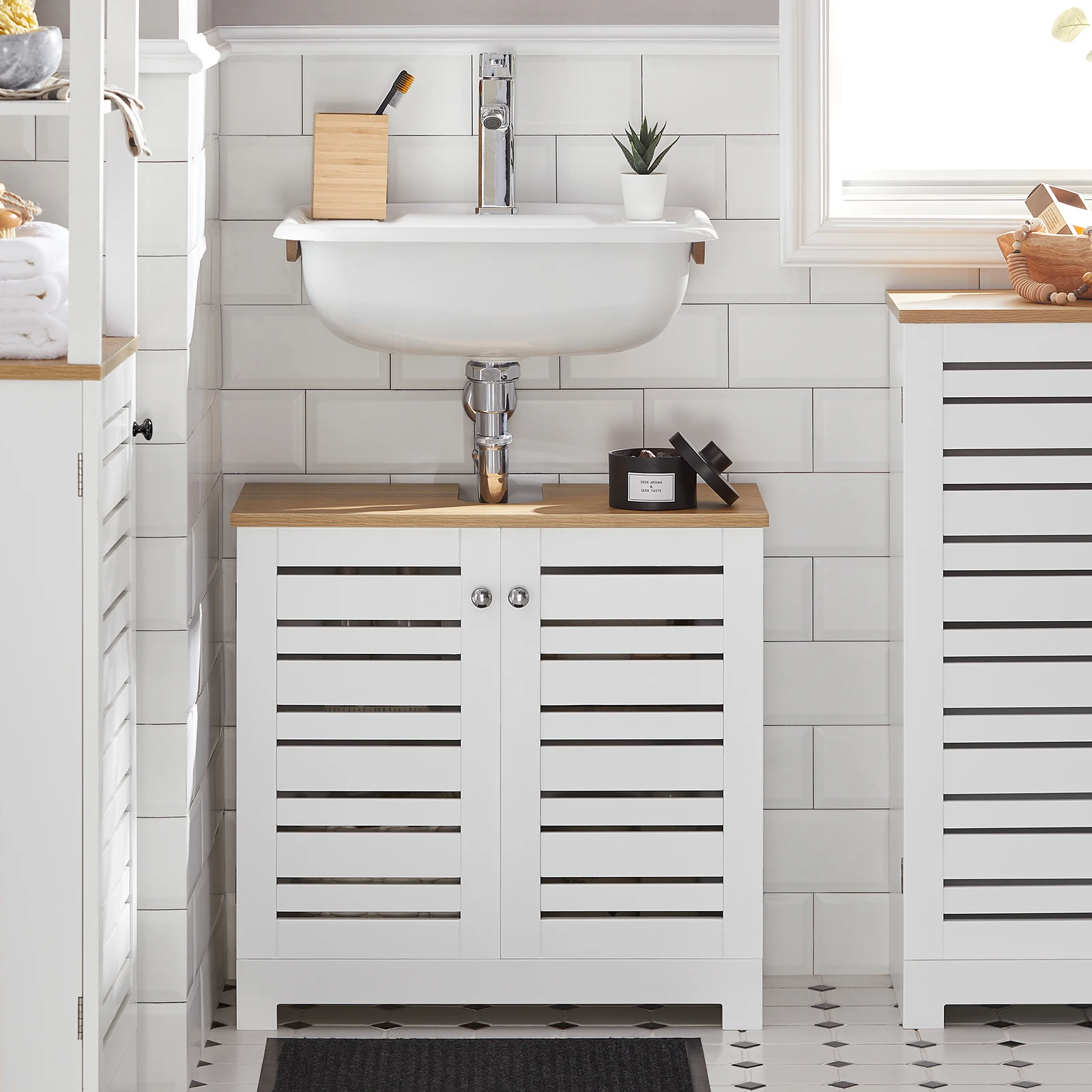 SoBuy BZR40-W lavabo bajo armario con puertas de listones Armario de baño tocador bajo armario muebles de baño Blanco-naturaleza