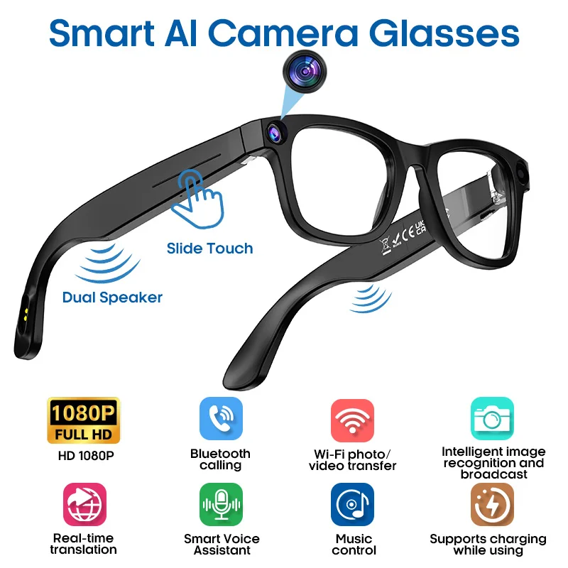 

Камера HD 1080P 800 Вт с технологией стабилизации изображения, Bluetooth-вызов, голосовой помощник, AI, анти-синий свет, умные очки, музыка