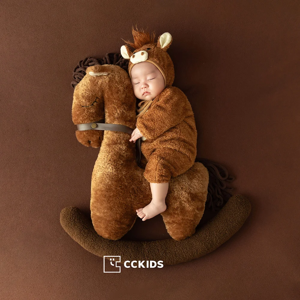 Alat Peraga Fotografi Bayi Baru Lahir Tema Kuda Coklat Romper Bayi + Topi Boneka Kuda Poni Boneka Berpose Gaya Kuda Goyang untuk Studio