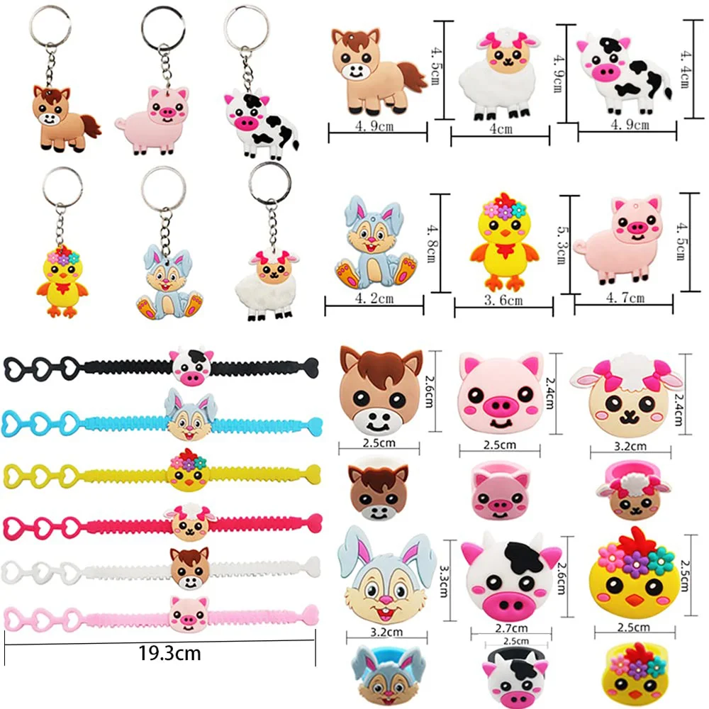 72PCS Easter Farm Animals Party Keychains Ring Bracelets Balloon Farm Goodie Bags Kid Girls Farm Birthday Party Gift Prize Gift