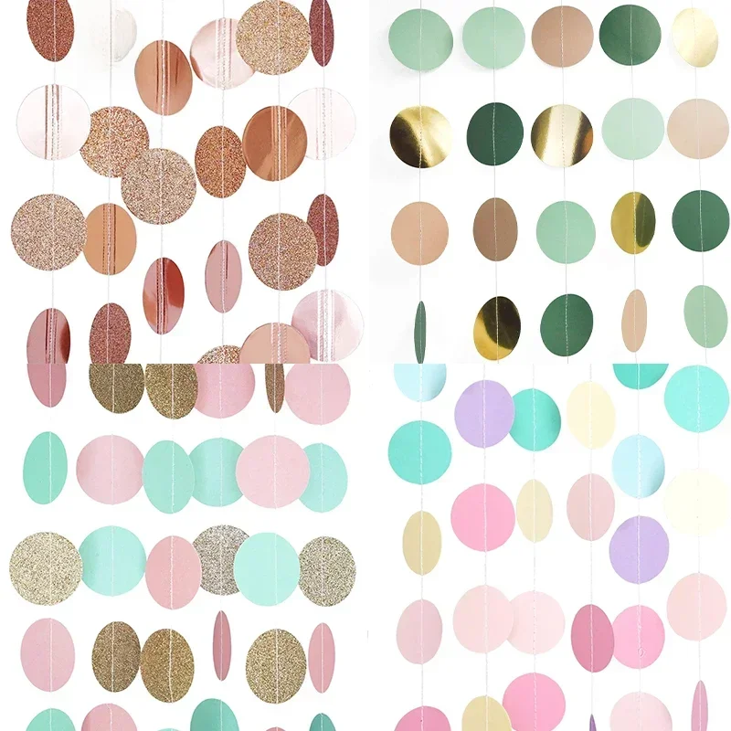 Toile de fond de guirlande de fête en papier à pois circulaires de 10 pieds - Papier rond rose, blanc et doré à paillettes, 3 m