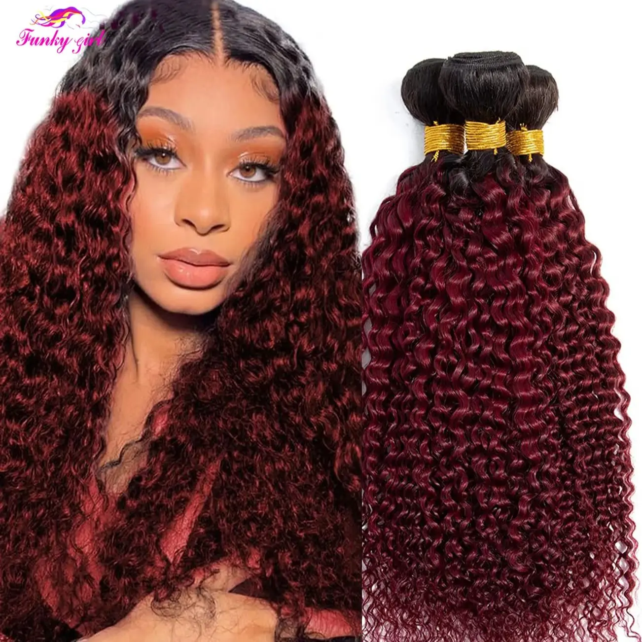 1B/Burgundy Kinky Curly Bundles Human Hair 3 Bundles 14 16 18 inch Curly Bundles Brazilian 100%  Virgin Human Hair Bundles