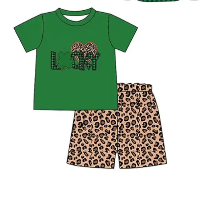 New Boutqiue Toddler St. Patrick's Party Outfit Girls Lucky Print Plaid Dress Boys Leopard Shorts Set With Baby Bodysuit