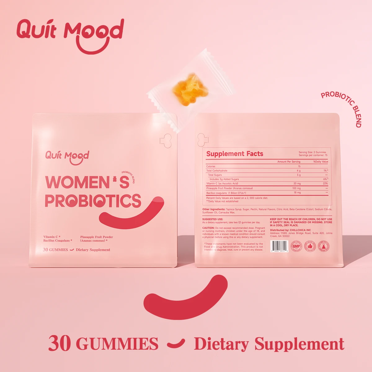Quitmood Feminine Balance Gummies - Hawaiian Pineapple - Women's Probiotics-ph Balance- 30 Gummies, individual package vitamin C image 2