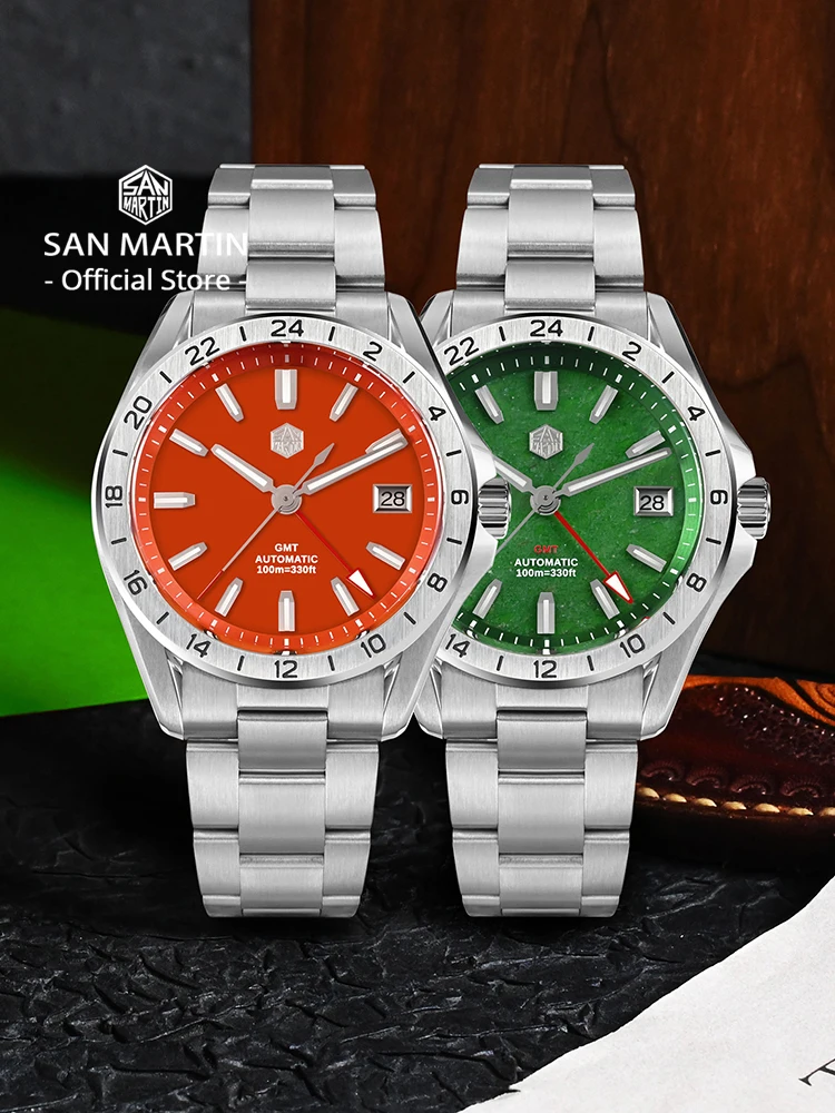 San Martin 39mm Aventurine Gemstone Dial Luxury Men\'s Watch NH34 GMT Automatic Mechanical Sapphire Waterproof Luminous SN0129