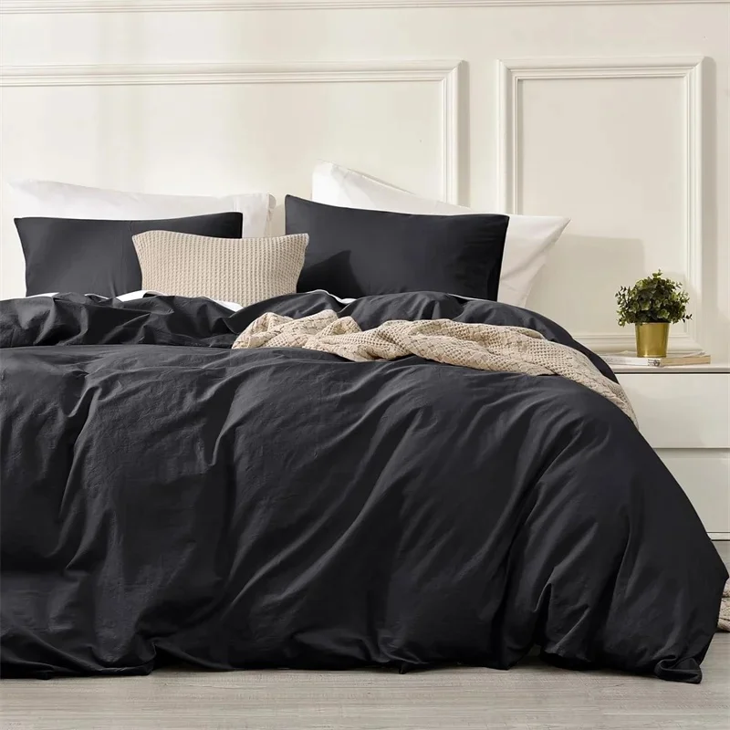 Gewassen katoenen beddengoedset 4-delig, effen kleur, dekbedovertrek, queensize, kingsize, dekbedhoes voor koppels