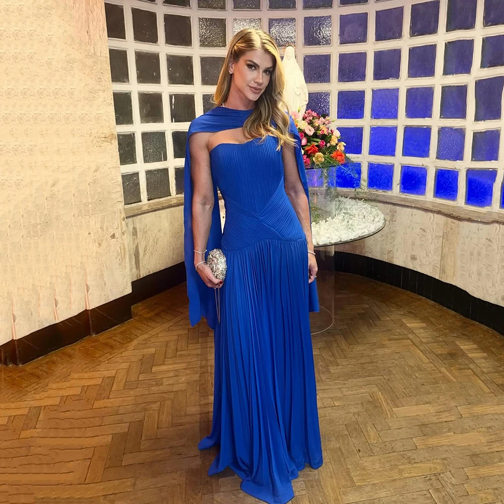 Msikoods Customized Royal Blue Cape Evening Dresses 2026 Pleated Chiffon Formal Gown Elegant Party Dress Open Back Prom Dress