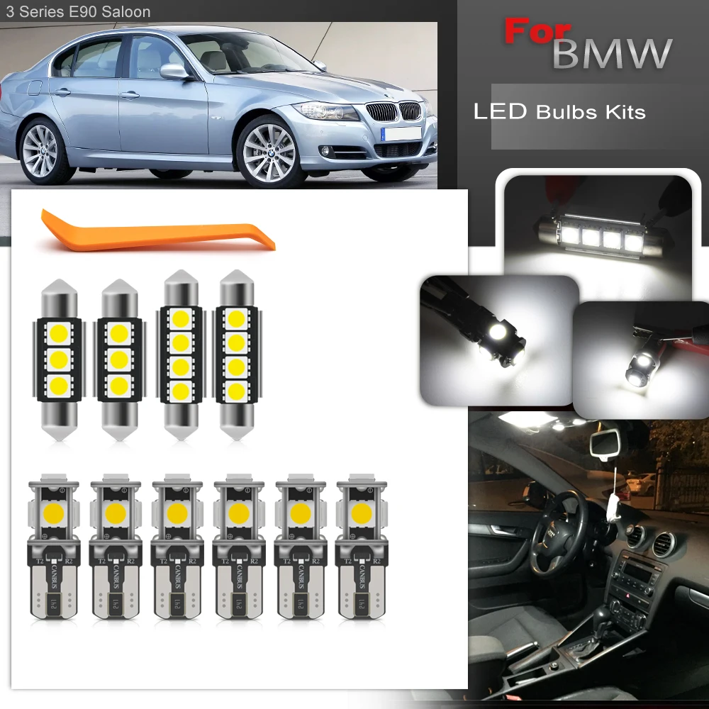 Fits For 2006-2011 BMW 3Series E90 Saloon Full White Canbus LED Interior Package Light Bulbs F&R Dome Vanity Mirror Puddle Trunk