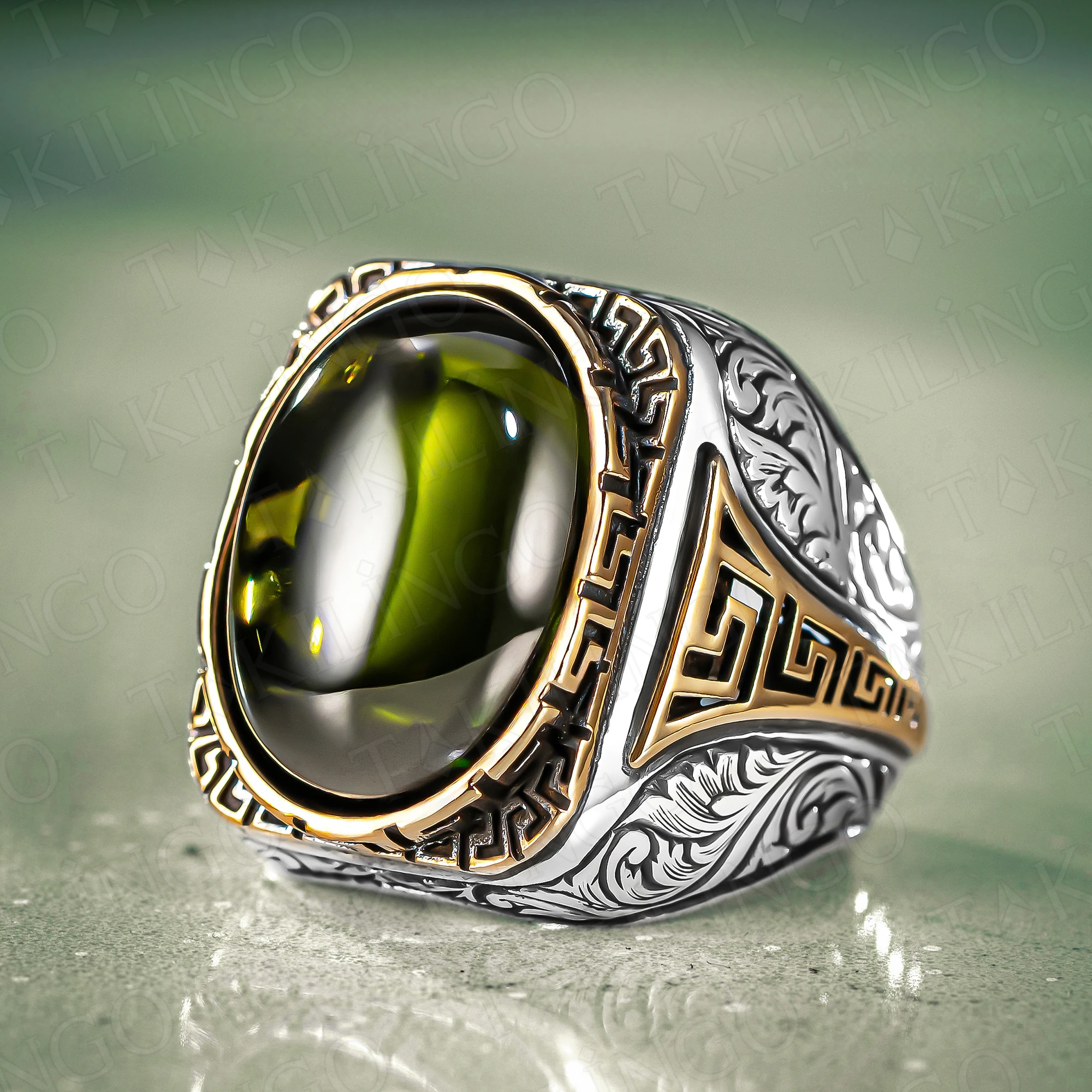 

925 Sterling Silver Green Peridot Olivine Stone Men's Ring, Hand Engraved Silver Gemstone Birthstone Ring