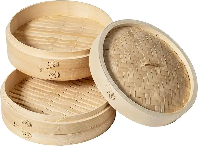Cestas de vapor de bambú de 2 niveles, diseño duradero y Natural, Ideal para cocinar al vapor albóndigas, verduras o pescado, 10 pulgadas