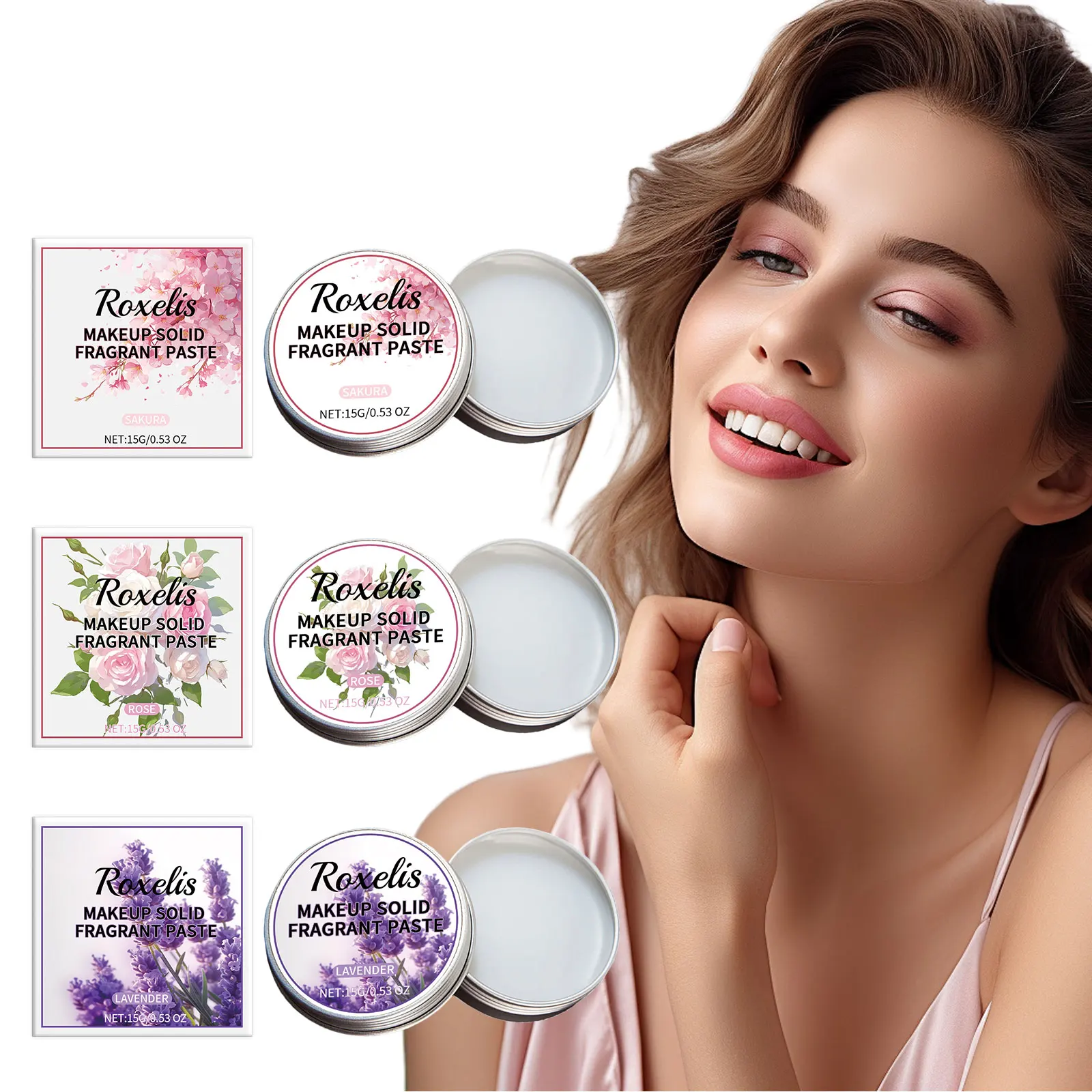 Roxelis 15g Floral Fragrance Solid Balm Release Women Charming Sakura Rose Lavender Scent Deodorant Dating Fresh Perfume Balm