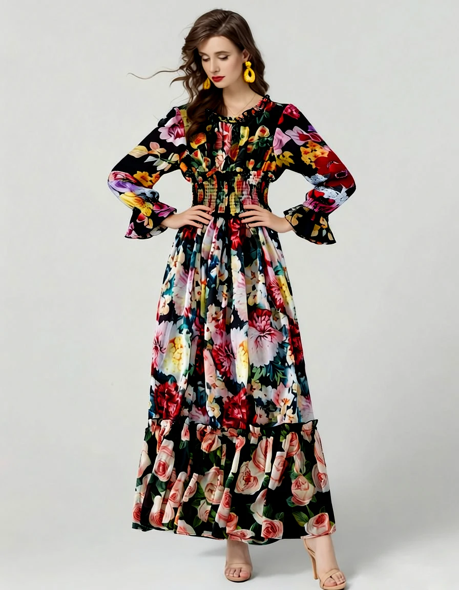 Damesjurk O-hals Lange mouwen Elastische taille Bloemenprint Ruches Elegante maxi-mode vestidos