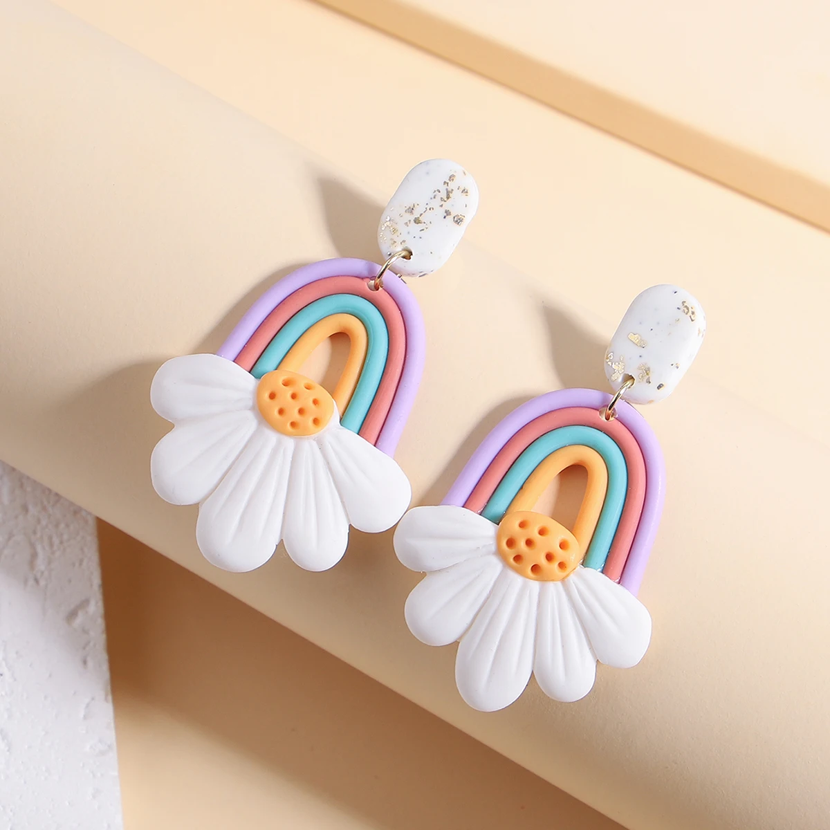 Lifefontier Sweet Rainbow Arched Flower Polymer Clay Earrings For Women Trendy Handmade Geometric Drop Earring Charm Jewelry