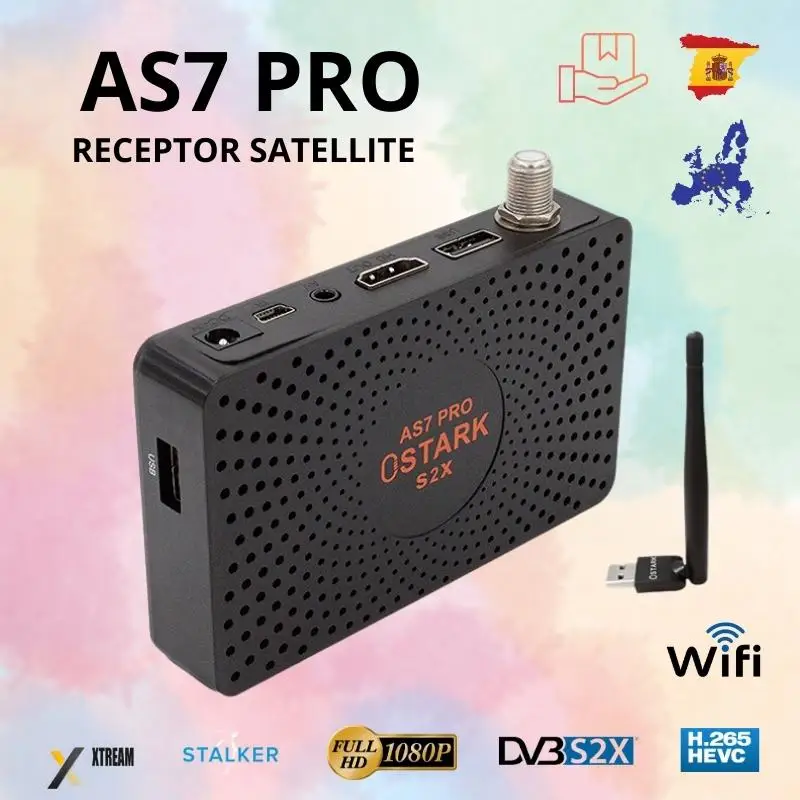 جهاز استقبال الأقمار الصناعية، Ostark As7 Pro، T2Mi، Dvb S/S2 / S2X، USB Wifi متضمن، HD 1080P، H.265، Hevc، الشحن من إسبانيا إلى جميع أنحاء أوروبا