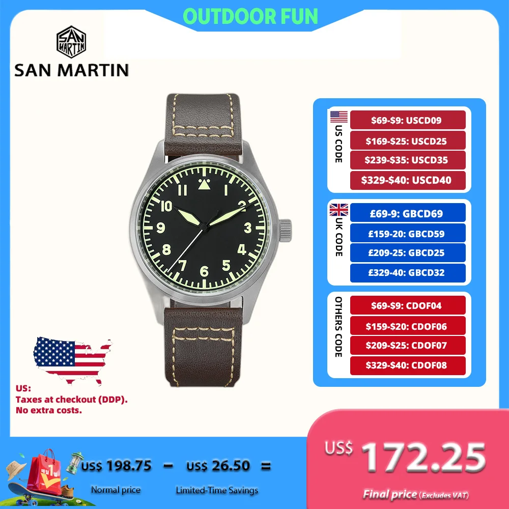 

San Martin Pilot Титановые военные энтузиасты YN55 Автоматические механические мужские часы с кожаным ремешком Водонепроницаемые светящиеся SN0030T