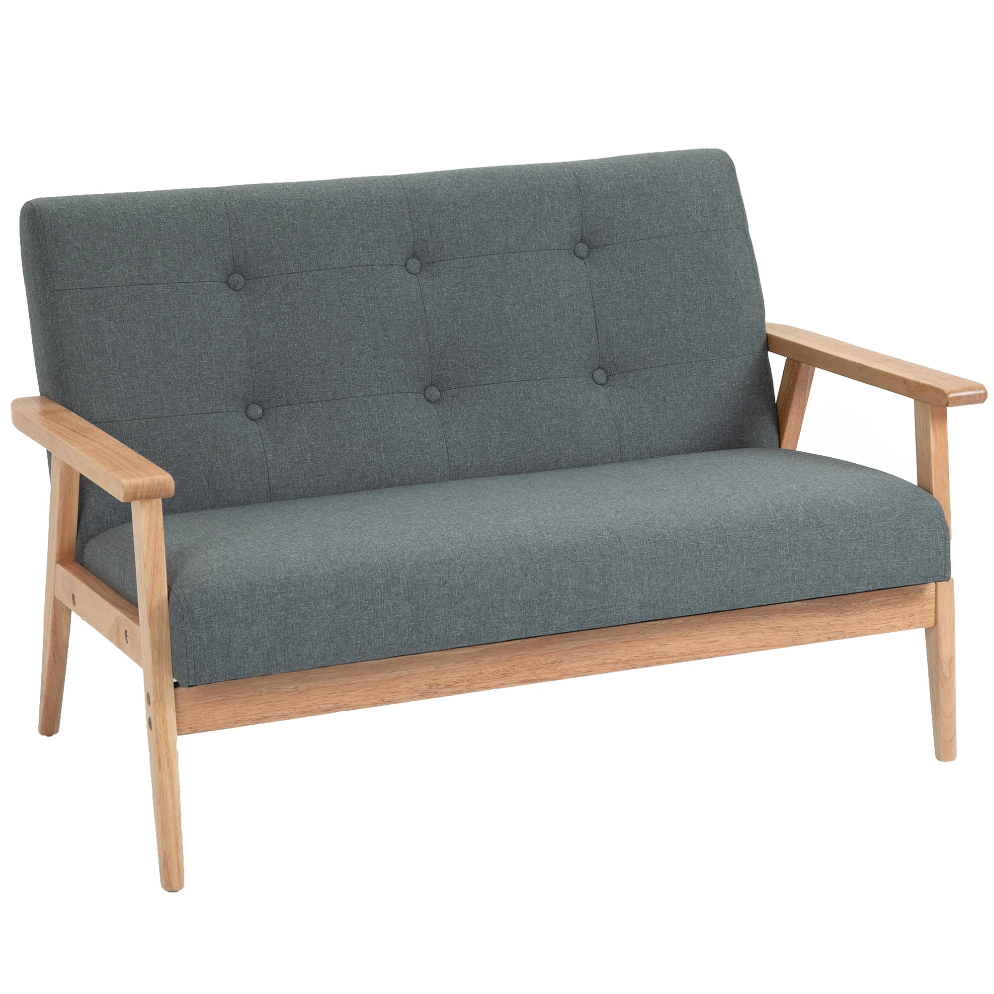 Canapé 2 places, 115 cm, avec accoudoirs et dossier, petit canapé capitonné aspect lin, pieds en bois, canapé lounge capitonné pour salon ou chambre, gris foncé