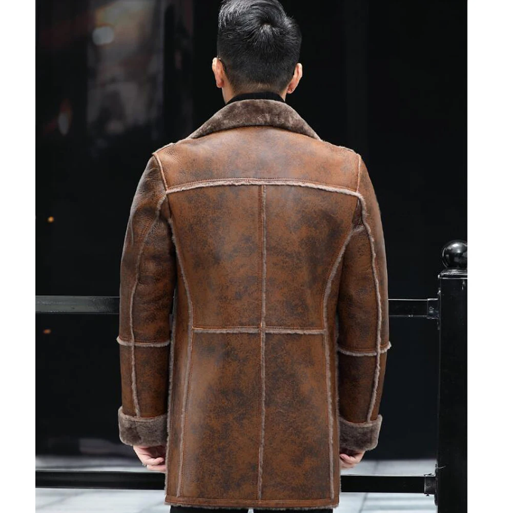 Denny&Dora Camouflage Brown Sheepskin Shearling Leather Coats Long Sheepskin Coat For Men Natural Shearling Leather Coat