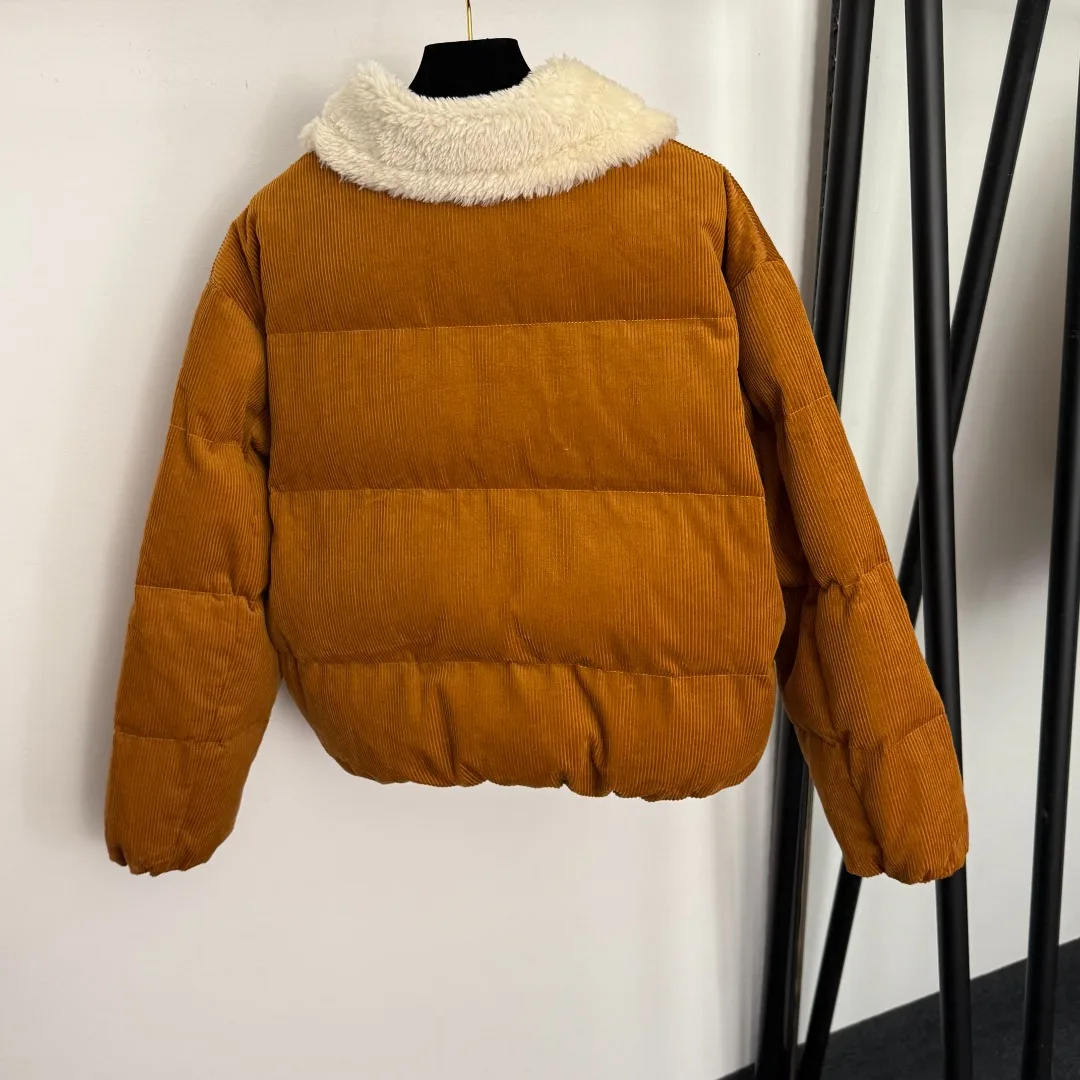 

Ivory Corduroy Puffer Jacket with Fleece Collar, Warm & Trendy Winter Coat for Women