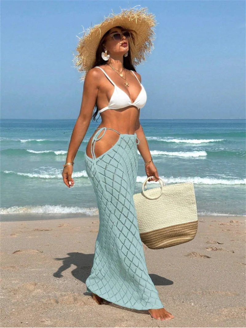 Faldas largas de punto para mujer, parte inferior de Bikini, cubierta Sexy ahuecada lateral con cordones recortados, falda de cintura alta, traje de baño envolvente de ganchillo