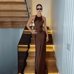 Verngo Sexy Brown Bodycon Prom Dresses 2024 Backless Halter Shiny Satin Party Formal Gown Night Club Memraid Evening Gala Gown