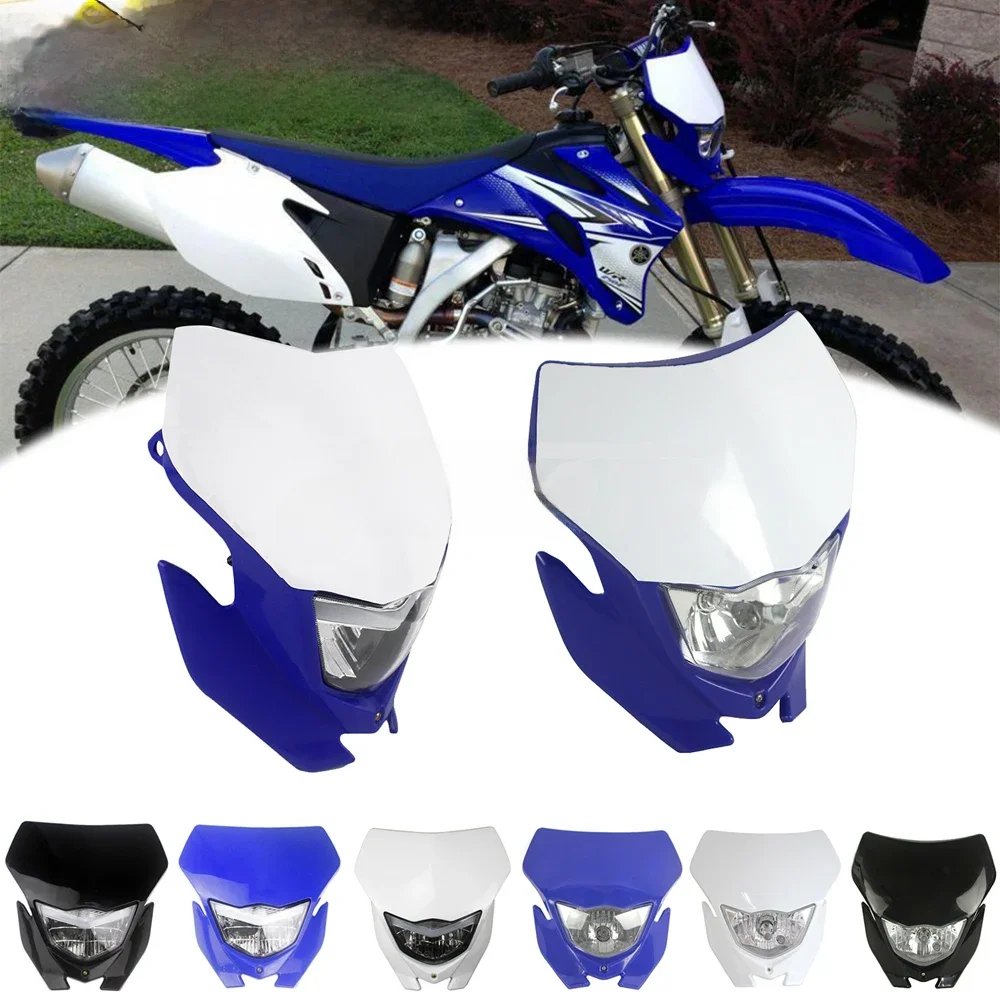 AliExpress papanda Blue White Supermoto Enduro H4 Headlight Headlamp Mask For Yamaha Honda WR 450 250 YZ TTR Dirt Bike Motocross Headlight Fairing
