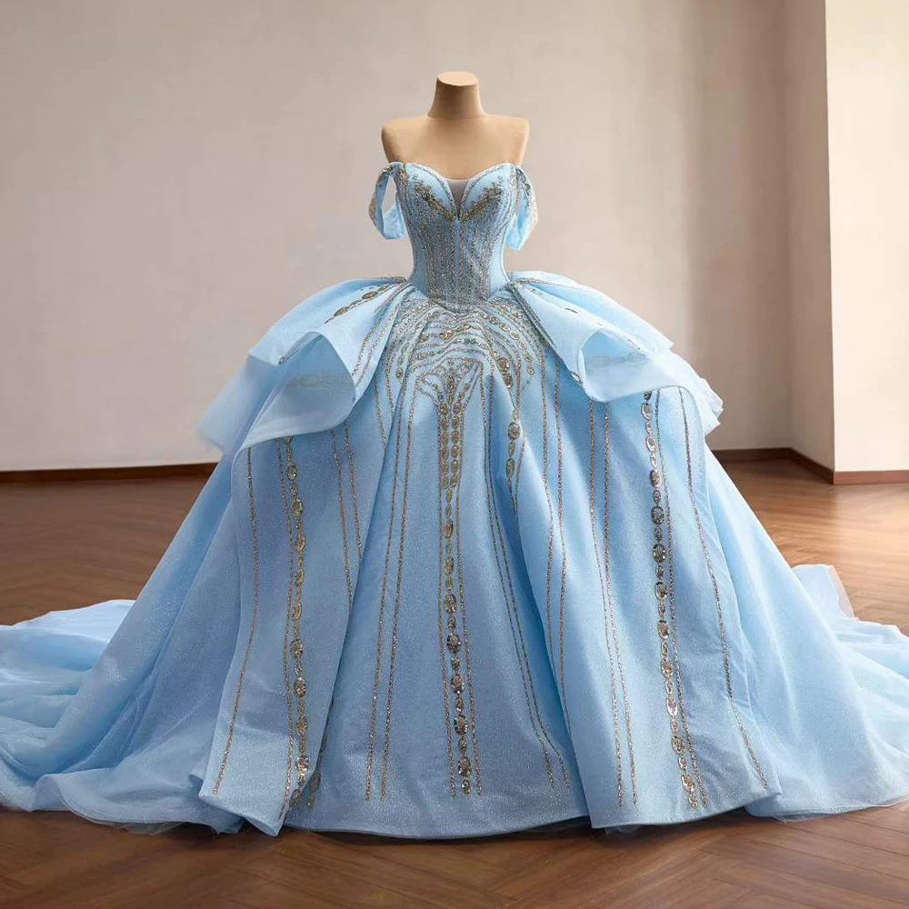 Blue Quinceañera Dress Gold Sequins Lace Sweetheart Off The Shoulder Ball Gown Vestido De 15 Años