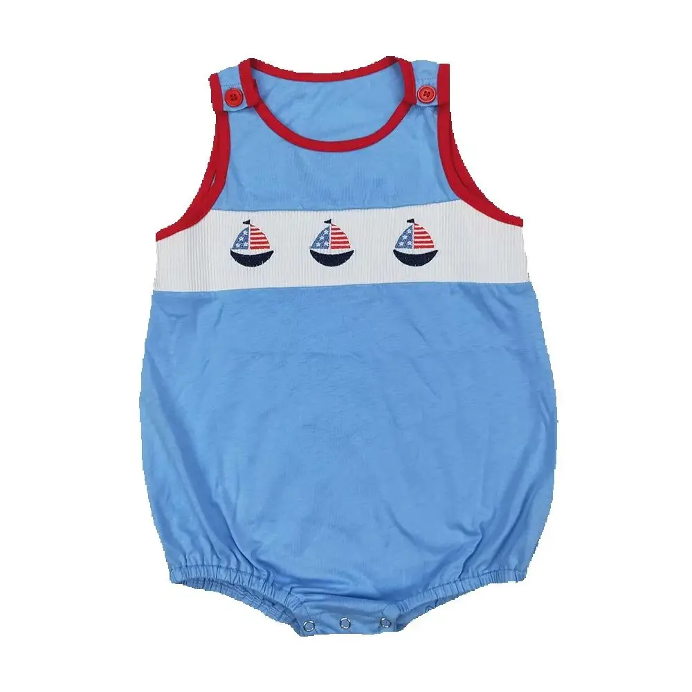 

SR2574 Baby Boys Summer Rompers Light blue boat smocked baby boys 4th of july romper
