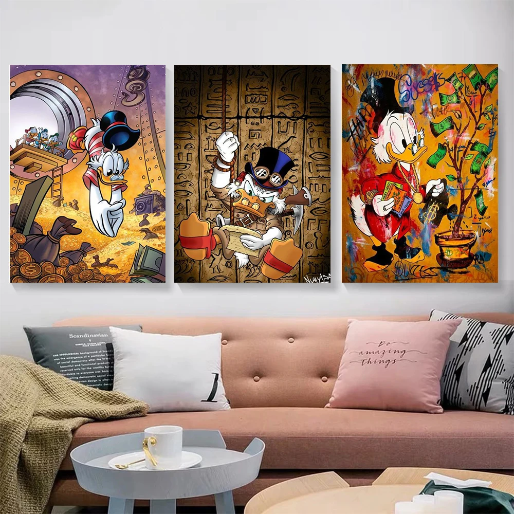 Disney Donald Duck Canvas Art Painting Scrooge Mcduck Money Cartoon Graffiti Wall Poster Prints Living Room Home Pictures Decor