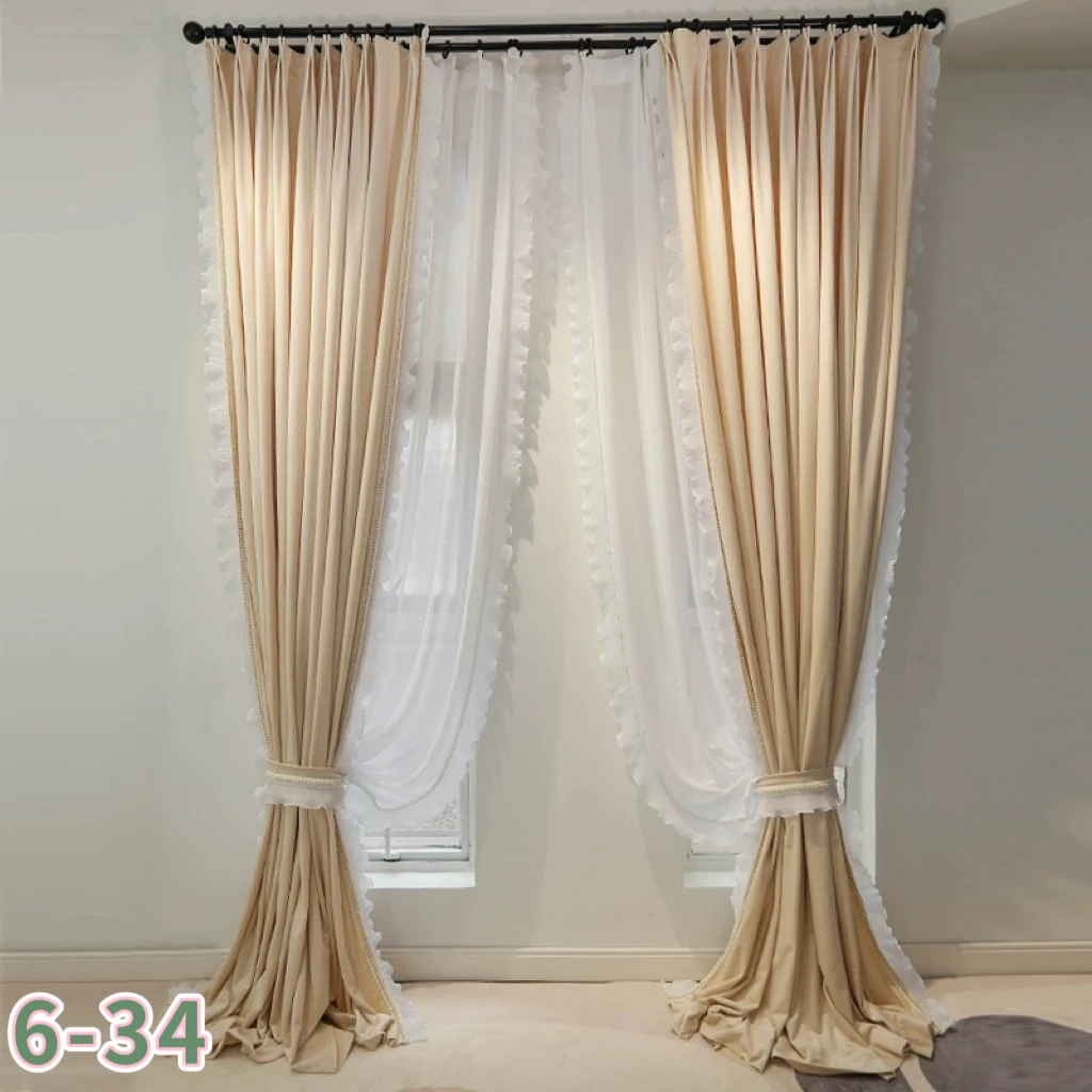 

French velvet curtains cream color living room bay window study tatami bedroom bay window retro lace girl curtains