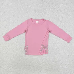 Wholesale Baby Girl Long Sleeves Embroidery Floral Bows Shirt Toddler Children Pullover Cotton Clothes Infant Clothing