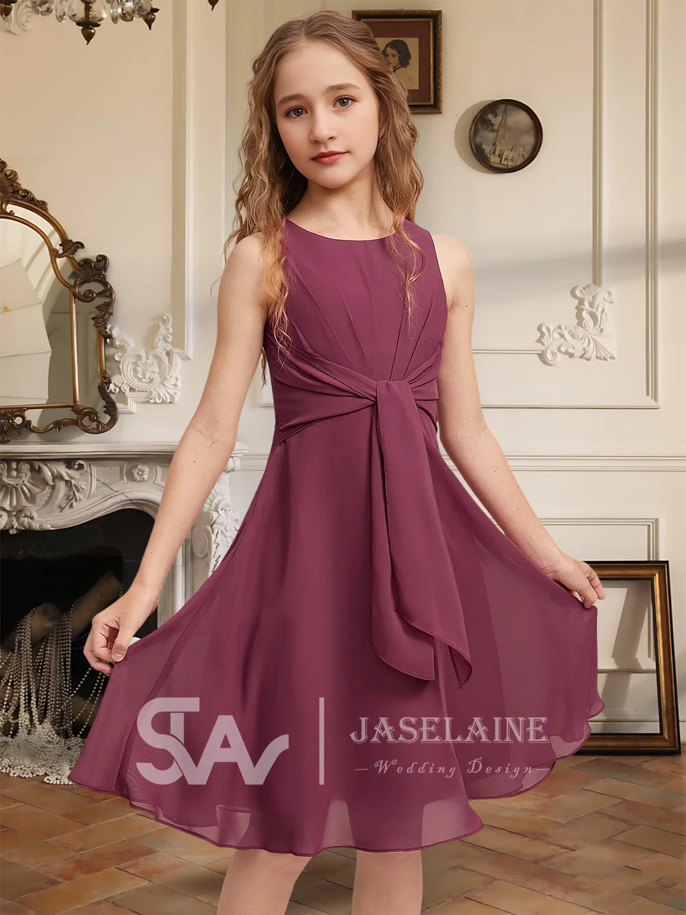 

A A Line Scoop Knee Length Chiffon Junior Bridesmaid Dress Flower Girl Dress Convertible Girl Party Wedding Formal Special