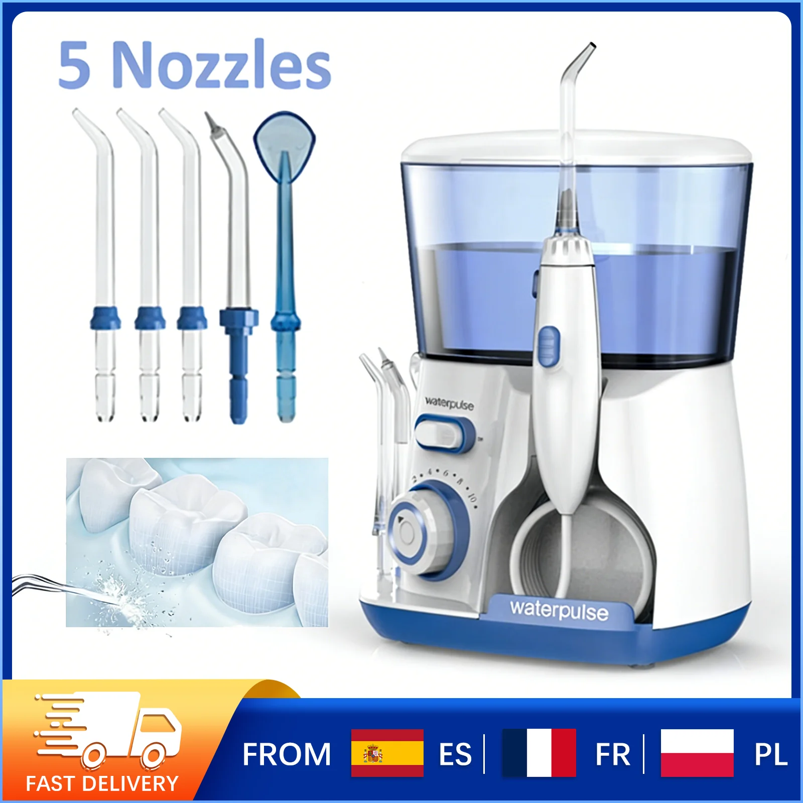 Irrigateur buccal électrique 800 ml avec 5 embouts interchangeables, 10 niveaux de pression, pour la maison, le bureau, les voyages et les déplacements professionnels
