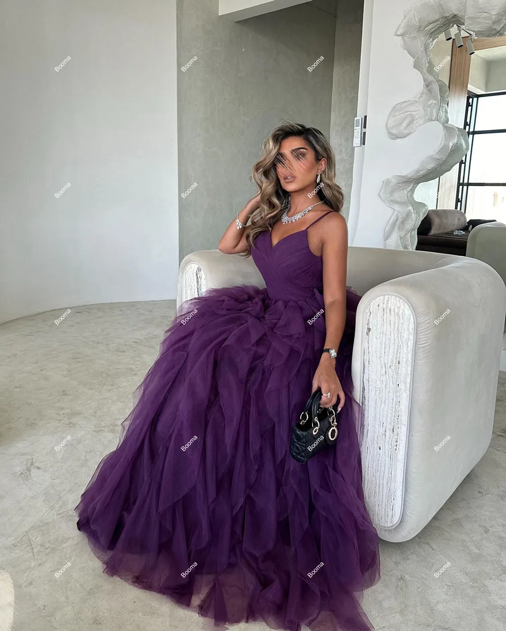 Booma Purple A-Line Long Prom Dresses Spaghetti Straps Ruffles Tulle Formal Party Gowns for Women Evening Dresses Dubai