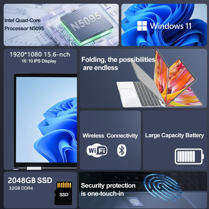 كمبيوتر محمول 15.6 بوصة Intel Celeron N5095 ألعاب الكمبيوتر المحمول 32 جيجابايت رام 2 تيرابايت SSD مكتب دراسة جهاز كمبيوتر شخصي Windows 11 1920*1080 دقة الكمبيوتر المحمول