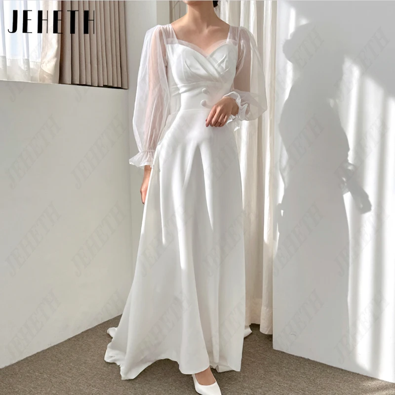 

JEHETH Sweetheart Pleat Korea Wedding Dresses Women Vintage Puff Sleeve Bridal Gowns Button Backless 웨딩드레스 Photography High/Low