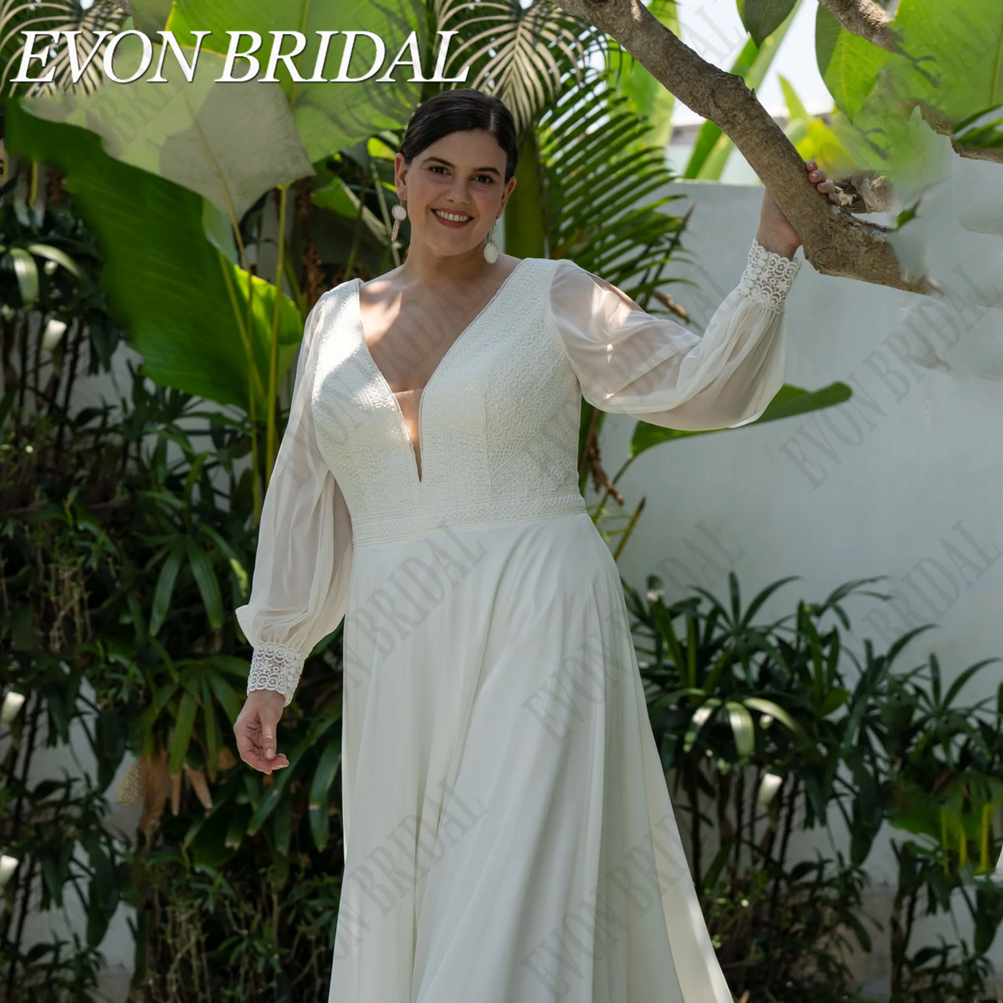 

EVON BRIDAL Chiffon Wedding Dress 2024 For Plus Size Lace A-Line Puff Sleeves Classic Vestidos De Novia Double V-Neck Applique