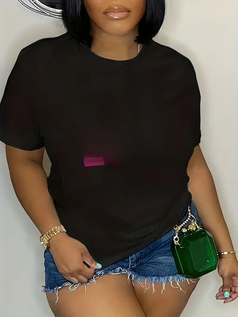 Plus Size litera T-Shirt z nadrukiem na co dzień wycięcie pod szyją koszulka z krótkim rękawem damska odzież Plus Size — zdjęcie 2