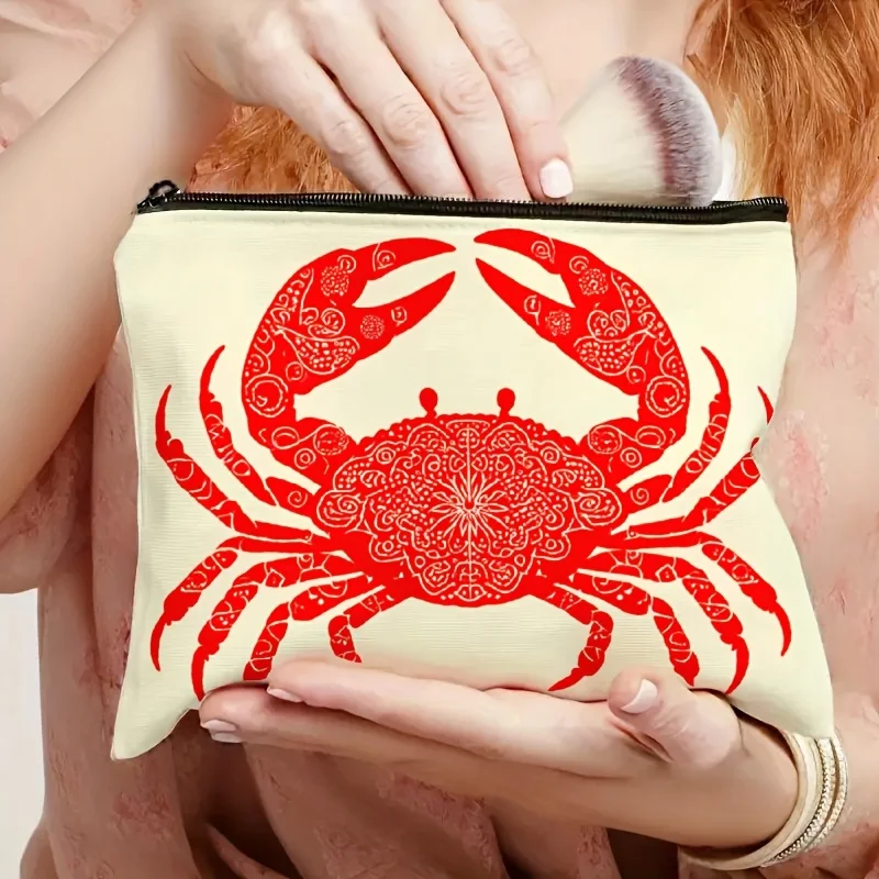 1Pc Creative Red Crab Retro Design Makeup Bag, Fashionable Toiletry Bag, Snack Storage Bag, Stationery Storage Bag, Canvas Double-Sided Printed Travel Bag