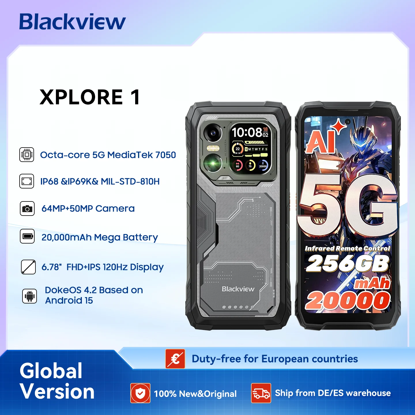 Blackview XPLORE 1 Smartphone robuste, Smartphone extérieur étanche 5G Android 15, écran 6,78'' 2,4K, 256 Go/512 Go, 20 000 mAh