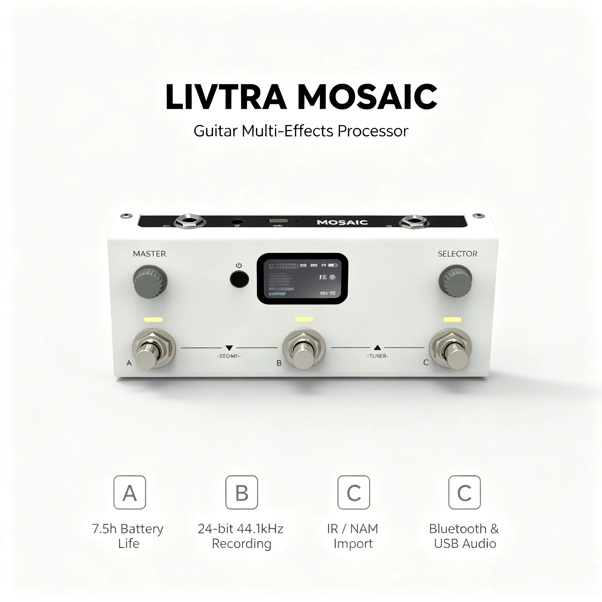 LIVTRA MOSAIC 3-Switch Guitar Multi-Effects Processor 44.1kHz 24bit 30 Amps 30 IRs Bluetooth 7.5H Battery USB Audio