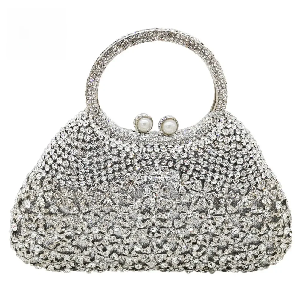Boutique De FGG elegancki srebrny torebka z kryształkami torby dla kobiet formalne Party Totes torebki ślubne torebki ślubne Rhinestone — zdjęcie 2