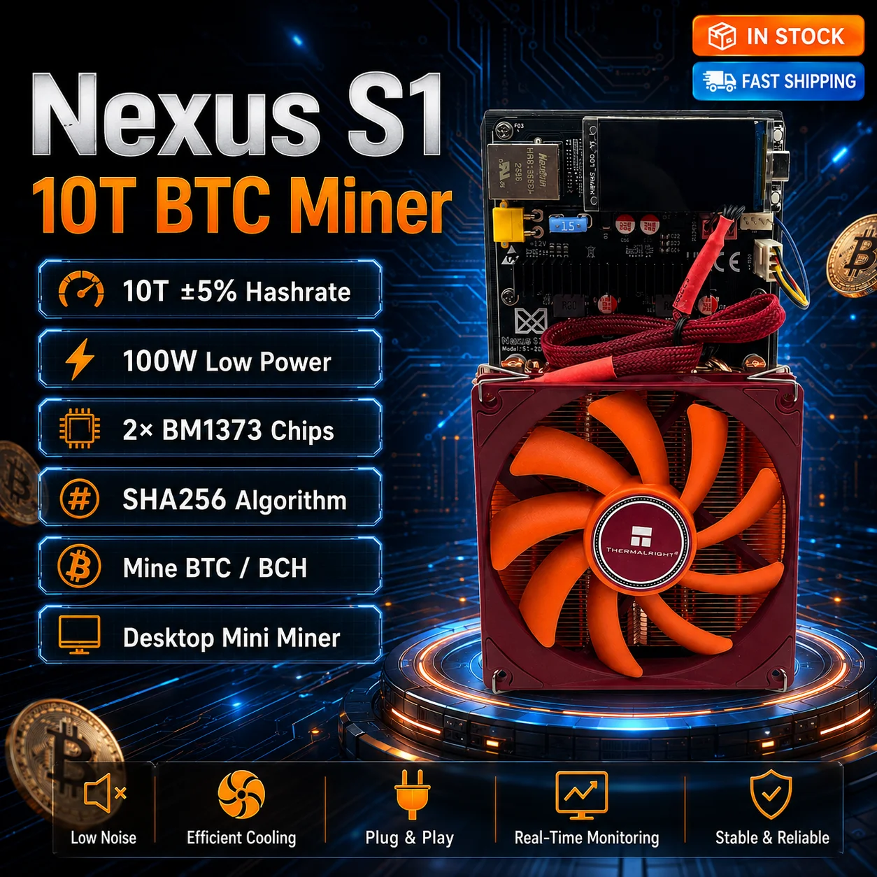 Nexus S1 10T Bitcoin Solo Miner 2X BM1373 Chips 150W SHA-256 ASIC Mining Machine for BTC BCH Desktop Mini Miner