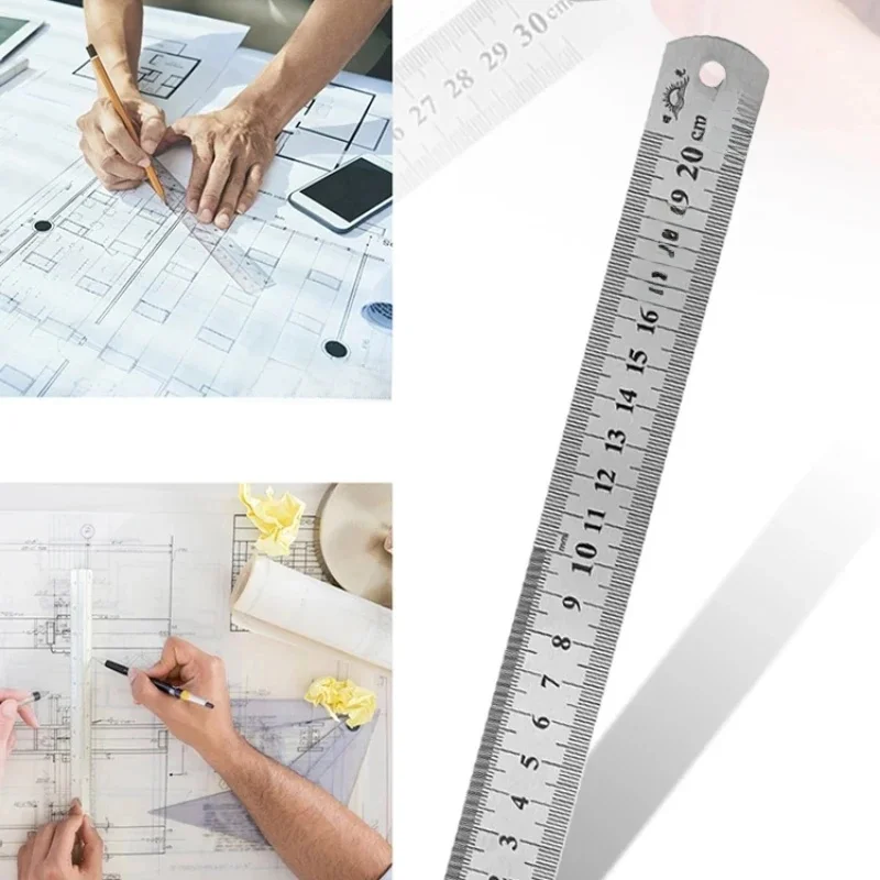Règle droite en métal en acier inoxydable, fournitures de papeterie de dessin, outils manuels, outil de mesure de précision Double face