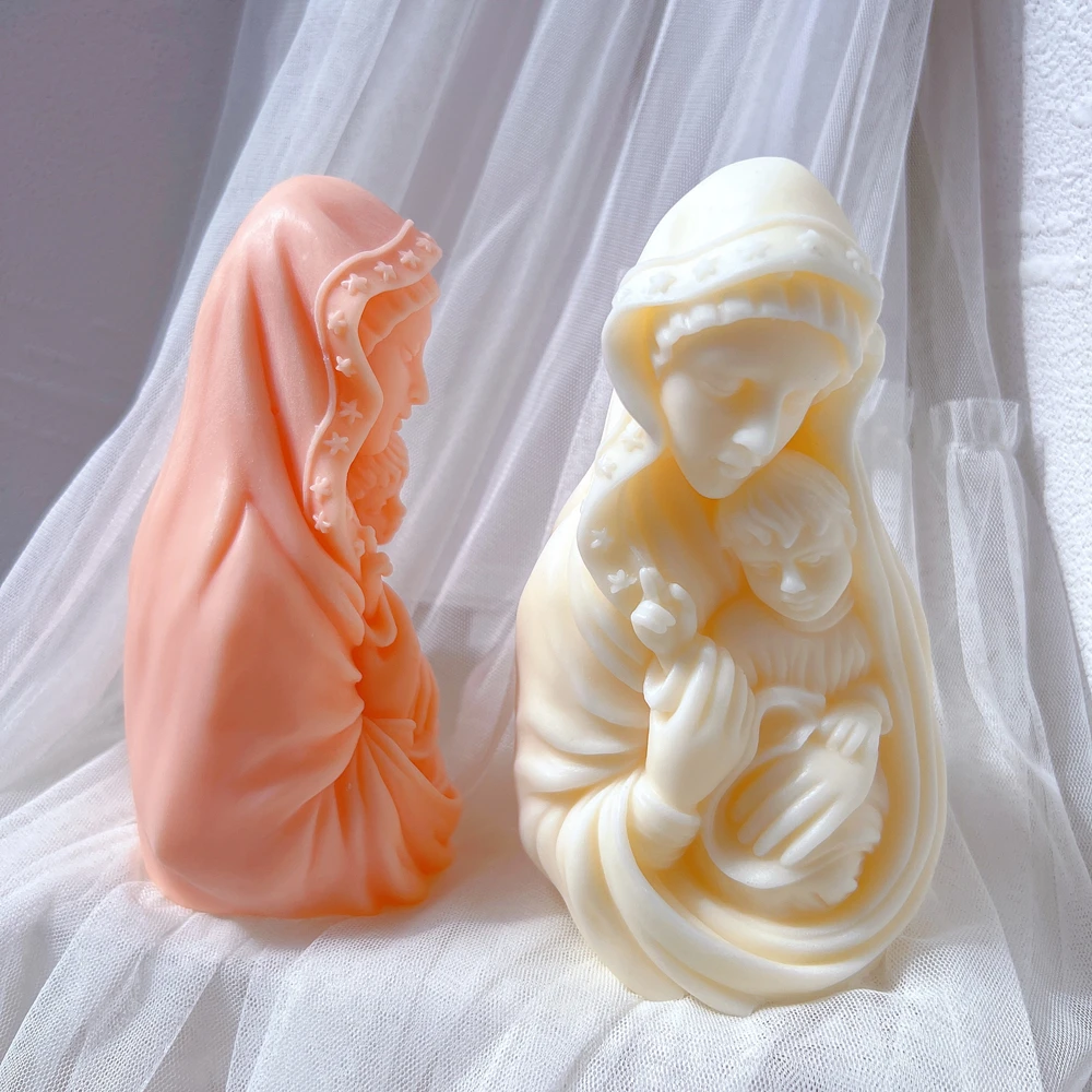 Blessed Virgin Mary With Baby Jesus Sculpture Candle Mold Madonna and Child Statue Silicone Mold Catholic Art