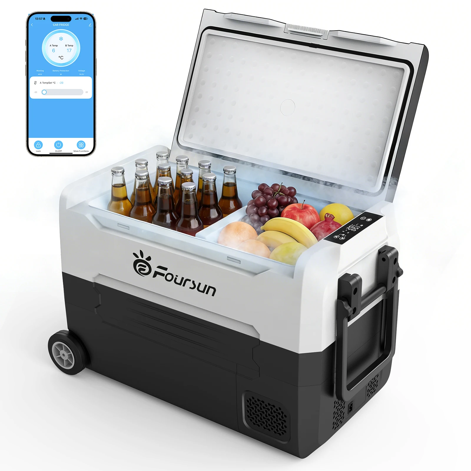 Foursun 21L/25L/35L/45L/55L Tragbarer Kompressor-Kühlschrank mit Bluetooth-App-Steuerung, für Camping, Reisen, Zuhause, DC 12V/24V & AC 100-240V