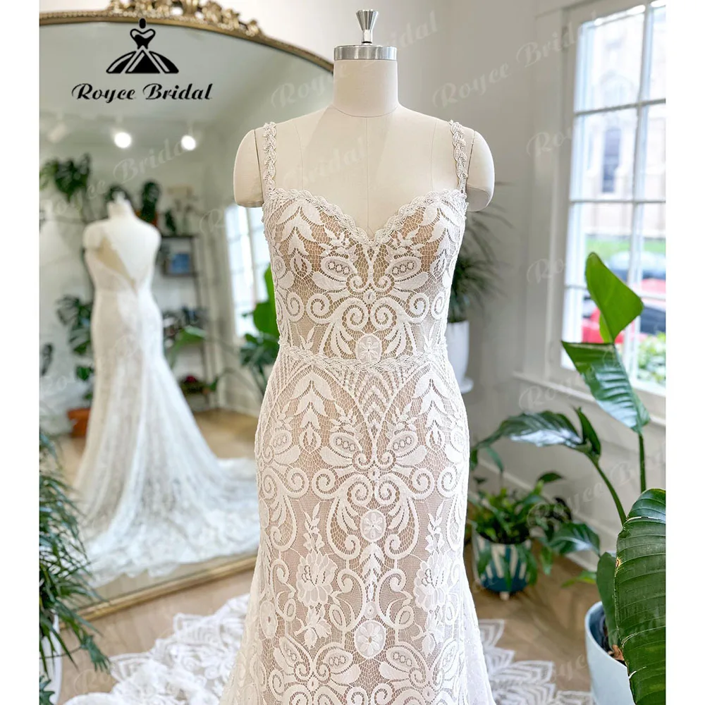 Hochzeitskleid-vestido de novia con tirantes finos para mujer, traje elegante de encaje con corte sirena, estilo bohemio, para recepción nupcial, 2023