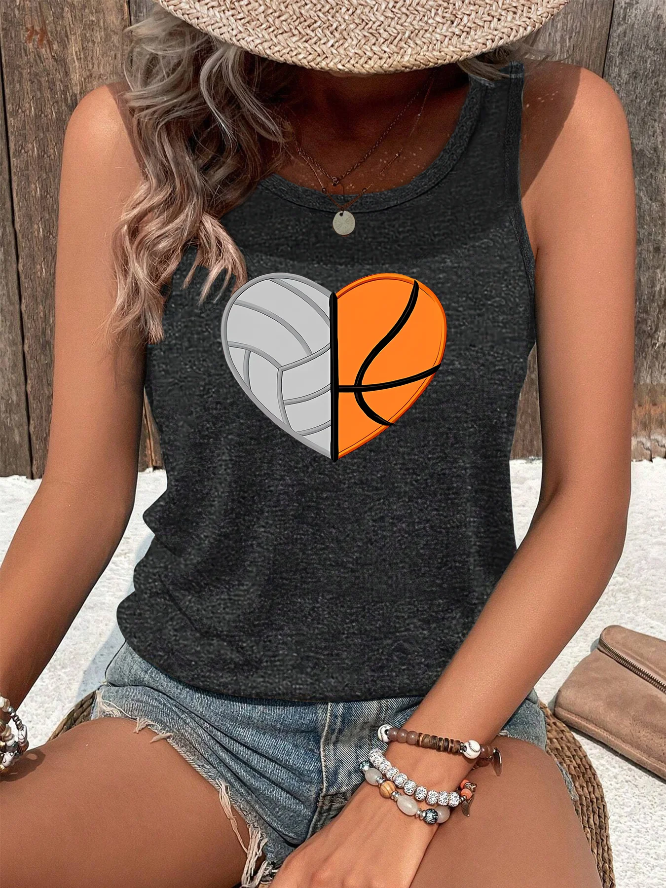 Basketball Heart  Basketball Mom Shirt Sports Shirt Fashion Funny Sports Women's Tank Top Loose O Neck Sleeveless Casual Tank