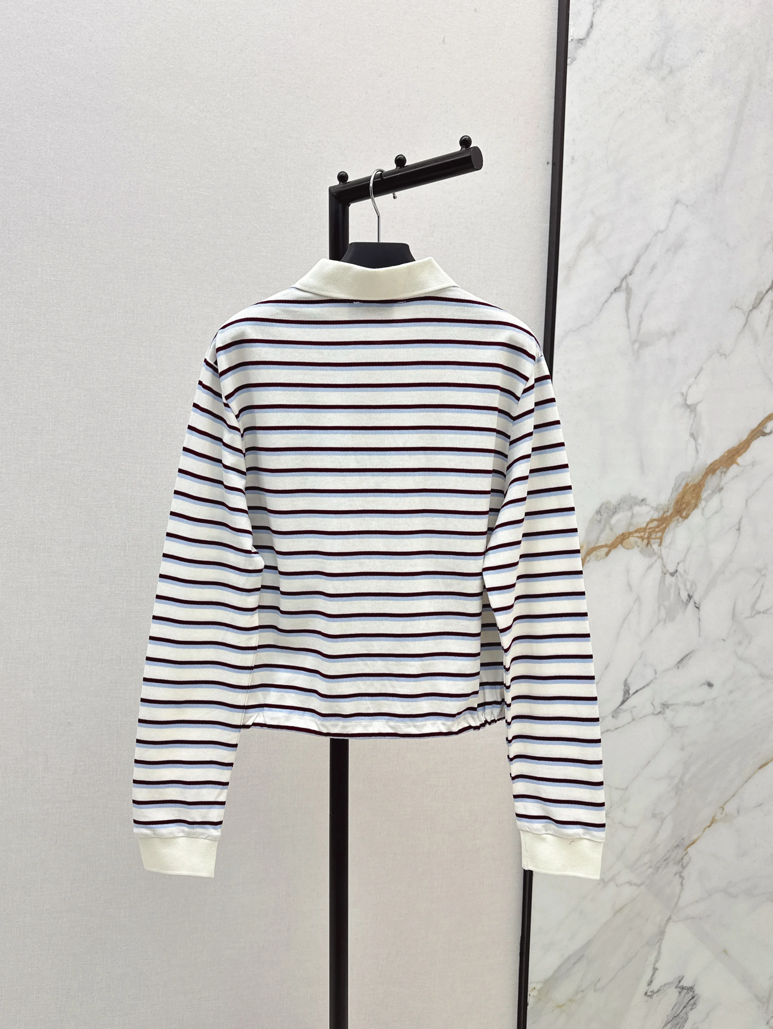 

2025 Spring and Summer Fashion New Women's Loose Striped Long Sleeve Polo Shirt Short Style Drawstring Elastic Waist Design