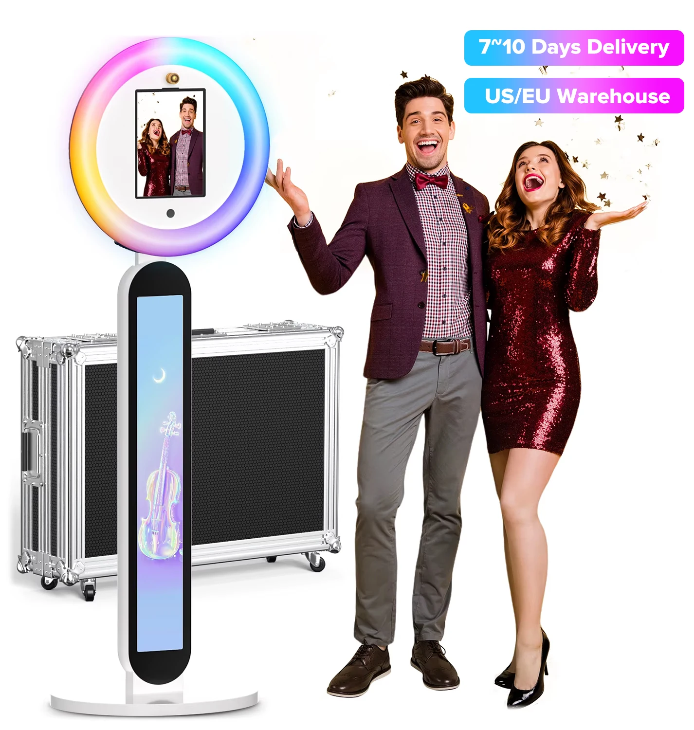 

Portable iPad Photo Booth Machine Selfie Stand Via Remote APP Control With RGB Ring Light For Party Wedding Events With Case